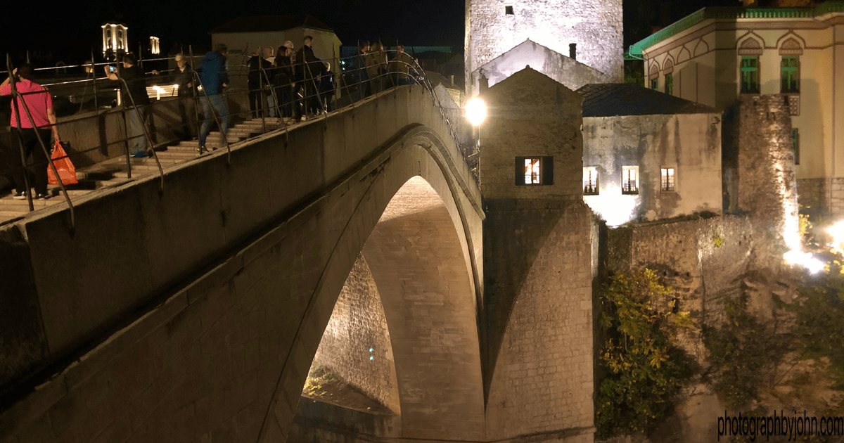 Stari Most bridge photography at golden hour with perfect reflections